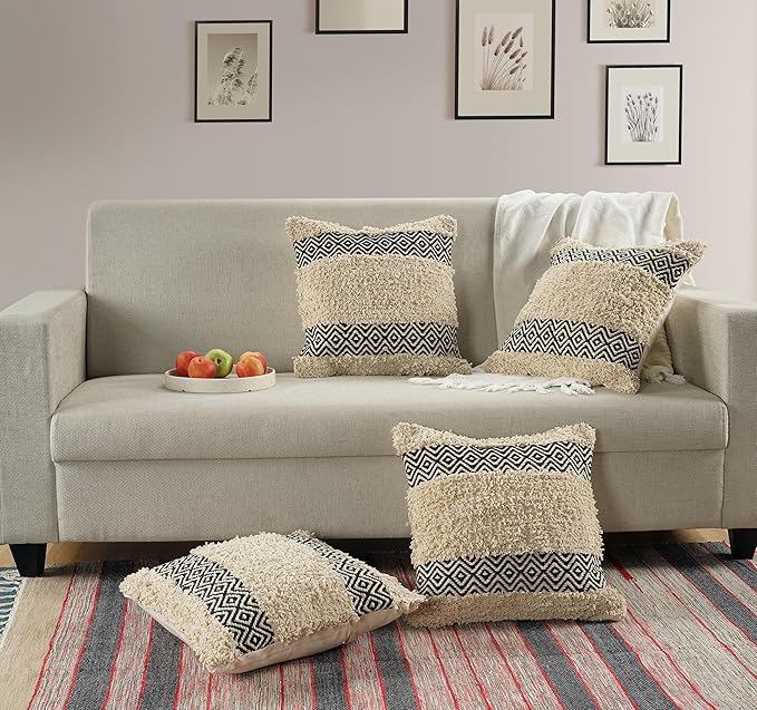 GRUHUM Throw Pillow Covers 18x18 -Set of 2 Boho Decorative Handwoven Cushion Case for Living Room Bedroom Sofa Couch Farmhouse Bench Car Home Decor Cotton Comfy Square Modern Pillow 18x18 inch,Cream