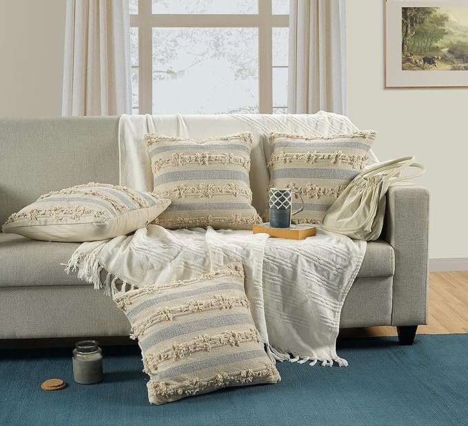 GRUHUM Throw Pillow Covers 18x18 Inch Set of 2 Boho Decorative Handwoven Fancy Tufted Cushion Case for Living Room Bedroom Sofa Couch Farmhouse Car Home Decor Cotton Comfy Square Modern 18"x18", Cream