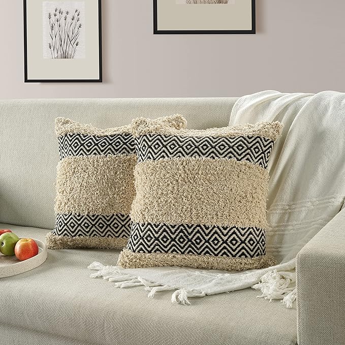 GRUHUM Throw Pillow Covers 18x18 -Set of 2 Boho Decorative Handwoven Cushion Case for Living Room Bedroom Sofa Couch Farmhouse Bench Car Home Decor Cotton Comfy Square Modern Pillow 18x18 inch,Cream