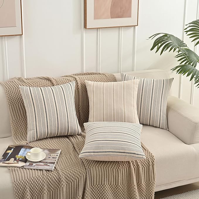 Gray Pillow Covers Farmhouse Linen Throw Pillow Covers Striped Outdoor Decorative Square Throw Pillows for Couch Sofa Bed 18x18 in Pack of 2 Gray and Cream