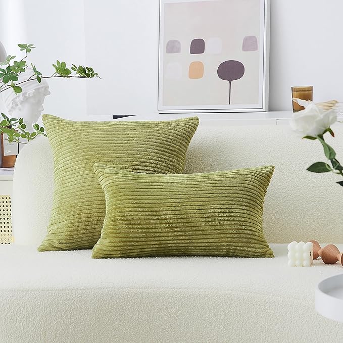 Home Brilliant Set of 2 Green Spring Pillow Covers Euro Pillow Shams 26x26 Striped Velvet Corduroy Decorative Europe Sham Throw Pillow Covers for Couch, 26 x 26 inch, Grass Green