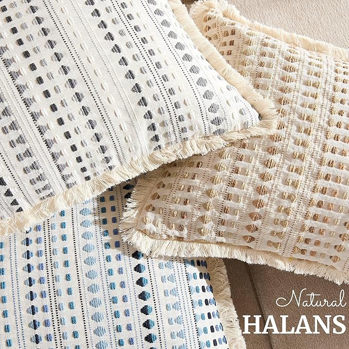 Decorative Pillow Covers Set of 2, Boho Farmhouse Couch Throw Pillows with Tassels, Textured Small Dot Pattern Cushion Cases for Sofa Living Room Home Decor (Blue, 18" x 18" (Pack of 2))