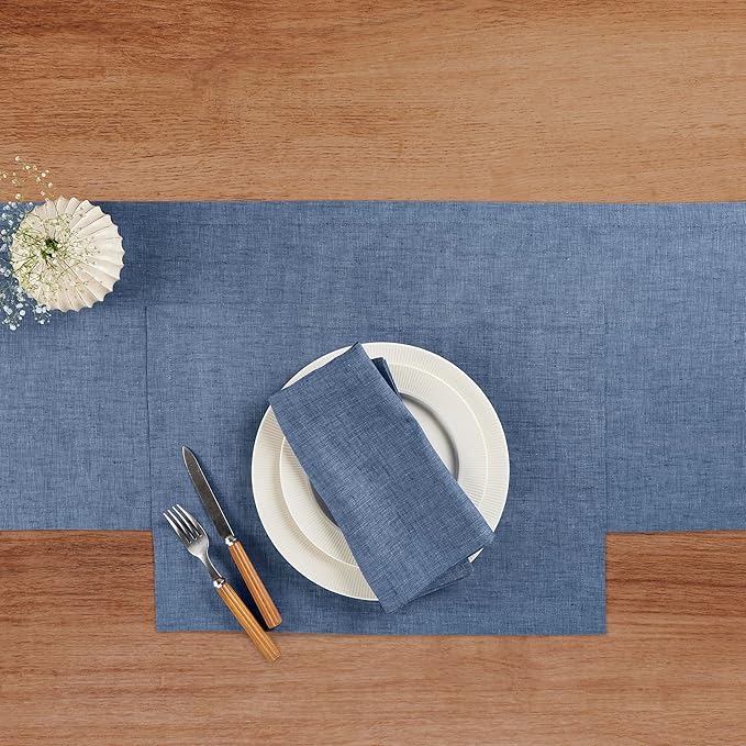 Solino Home Linen Table Runner 108 Inches Long - Athena, 100% Pure Linen Blue Denim Dining Table Runner 14 x 108 Inch
