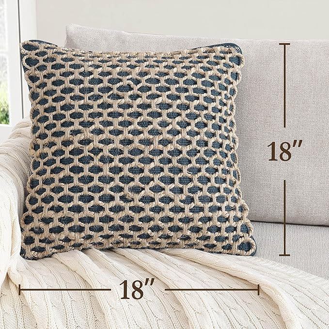 Boho Living Jada Premium Woven Design, Living Room Décor, Decorative Throw, (1) 18" x 18" Pillow Cover with Insert, Indigo