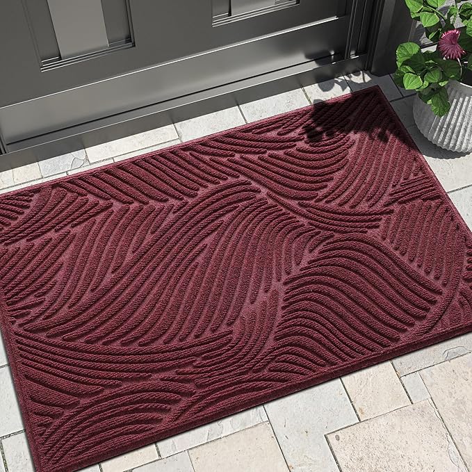 Yimobra Doormat Outdoor Entrance 29.5x17, All-Weather Waterproof Art Line Outdoor Mats for Front Door, Heavy Duty Non-Slip Welcome Matt for Garage Patio Proch Entryway Indoor, Wine