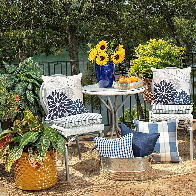 Blue Flower Pillow Covers 18x18 Inch Set of 2 Dark and Light Blue Colored Pillow Farmhouse Outdoor Waterproof Decor for Patio Funiture Garden Summer Floral Polyester Square Cushion Cover 01D18