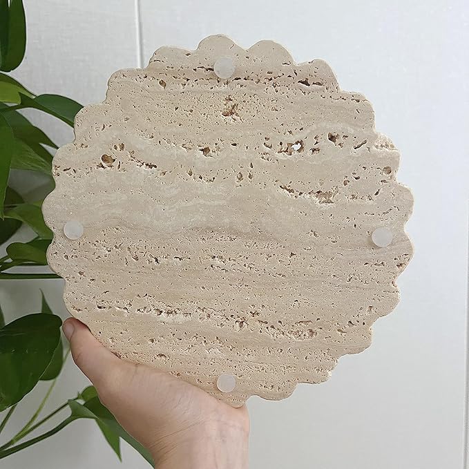 Travertine Marble Tray Round Scalloped Tray Small Serving Platter for Counter, Bathroom, Kitchen, Nightstand, Jewelry Ring Dish Holder (Beige Travertine)