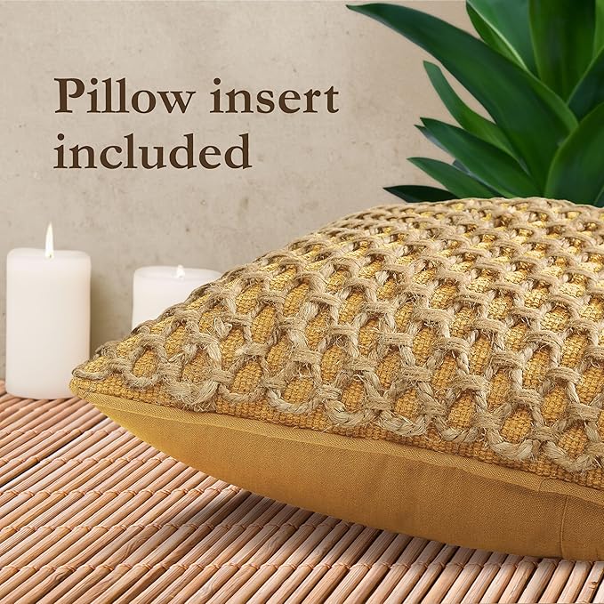 Boho Living Jada Premium Woven Design, Living Room Décor, Decorative Throw, (1) 18" x 18" Pillow Cover with Insert, Mustard Yellow