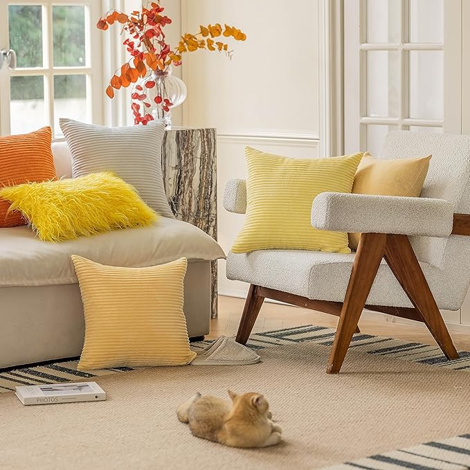 Home Brilliant Super Soft Corduroy Decorative Fall Pillow Covers 20x20 Throw Pillow Cover for Patio Couch Sofa Bedroom Winter Decor, 20 x 20 inch, Light Yellow