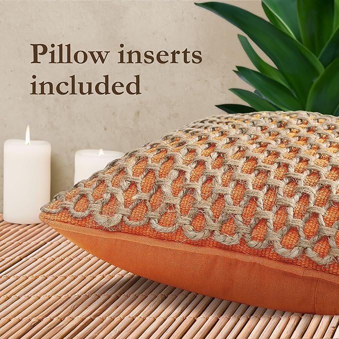 Boho Living Jada Premium Woven Design, Decorative Throw, Living Room Décor, (2) 20" x 20" Pillow Covers with Insert, Harvest Orange 2 Count