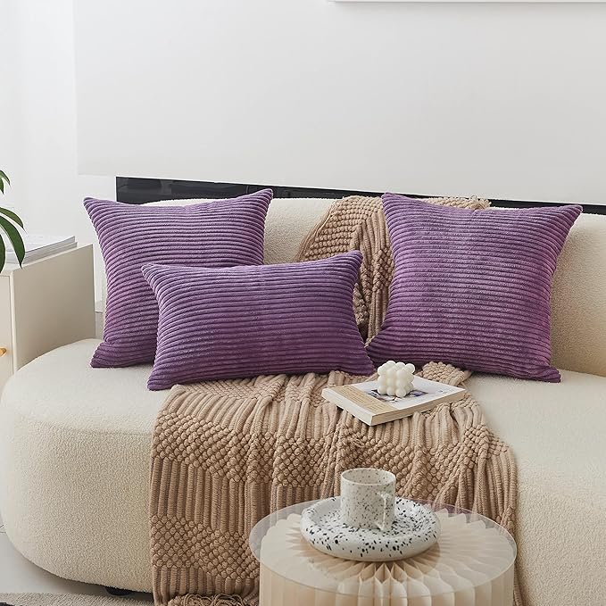 Home Brilliant Purple Pillow Covers Decorative Throw Pillows Striped Corduroy Velvet Large Euro Sham Couch Throw Pillow Cover for Bed, 24x24 inch, Eggplant