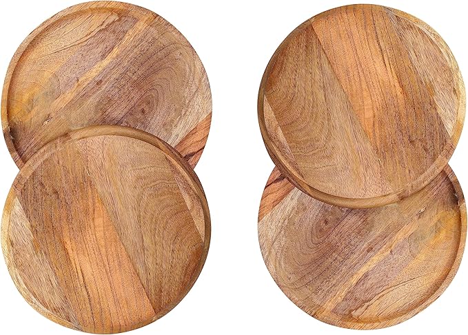 CLEENTABLE 11" Mango Wood Appetizer Plates Set of 4 - Handcrafted Round Plates for Salad, Dinner, Pasta, Dessert, Appetizer, Sushi, Fruit for Serving, Durable Dinnerware for Parties (Natural)