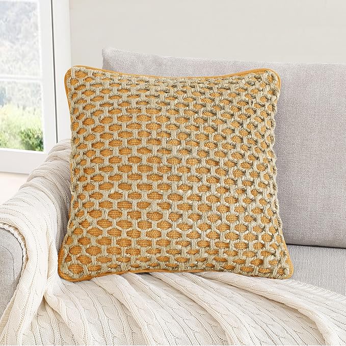 Boho Living Jada Premium Woven Design, Living Room Décor, Decorative Throw, (1) 20" x 20" Pillow Cover with Insert, Mustard Yellow