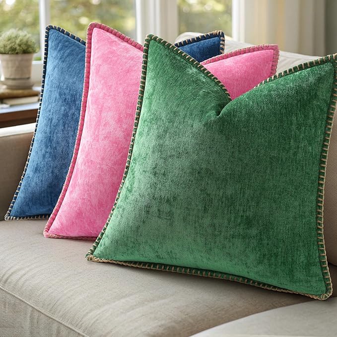 decorUhome Christmas Chenille Soft Throw Pillow Covers 18x18 Set of 2, Farmhouse Velvet Neutral Decorative Euro Pillow Covers with Stitched Edge for Couch Sofa Bed Home Decor, Green