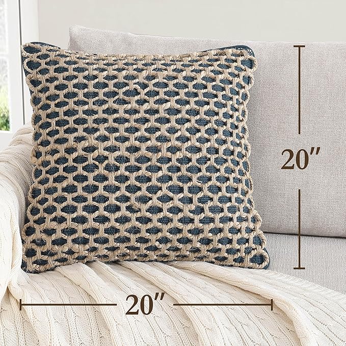Boho Living Jada 2 Pc Decorative Throw Pillow Covers, Pillow Insert not Included, Premium Woven Design, Living Room Décor, (2) 20" x 20", Indigo