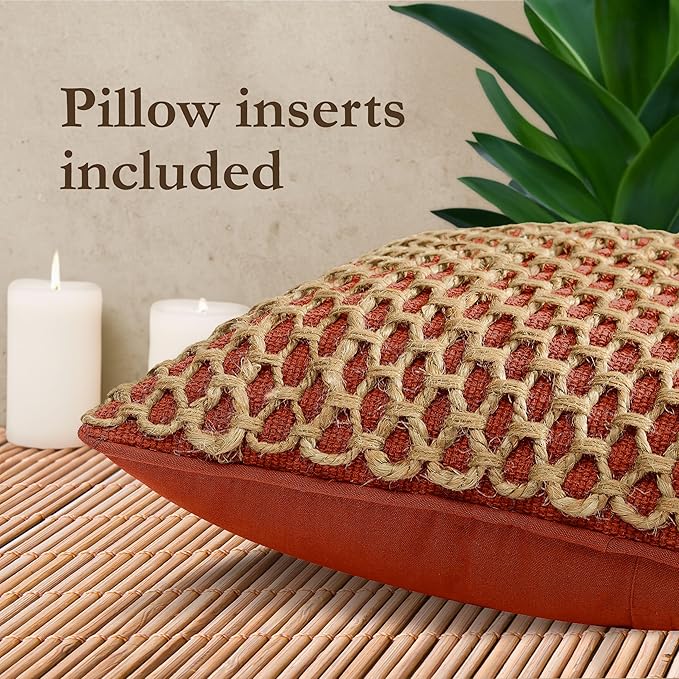 Boho Living Jada Premium Woven Design, Living Room Décor, Decorative Throw, (2) 20" x 20" Pillow Covers with Insert, Rust 2 Count