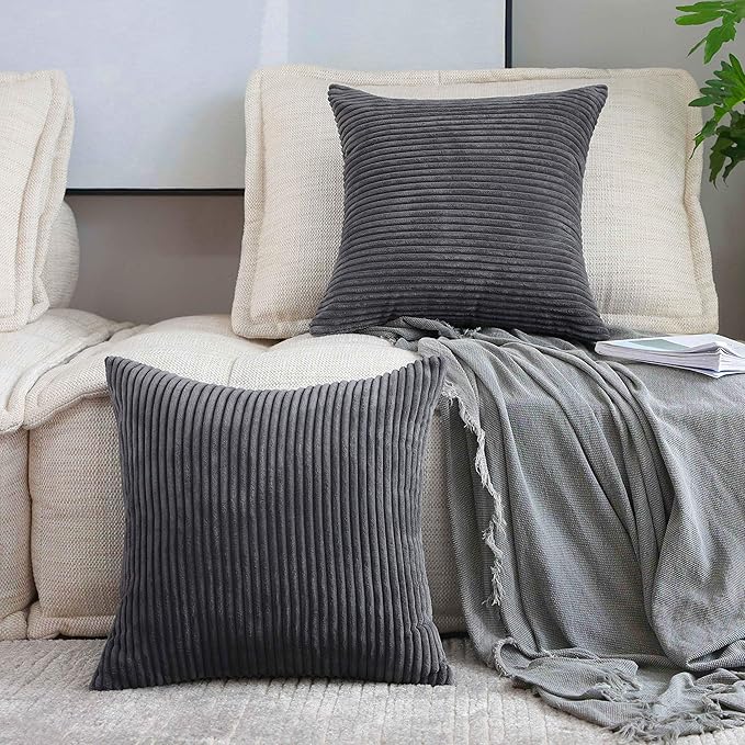 Home Brilliant 24x24 Pillow Covers Set of 2 Striped Corduroy Plush Velvet Large Euro Sham Set of 2 Cushion Cover for Bedroom, 24 x 24 inch, Dark Grey