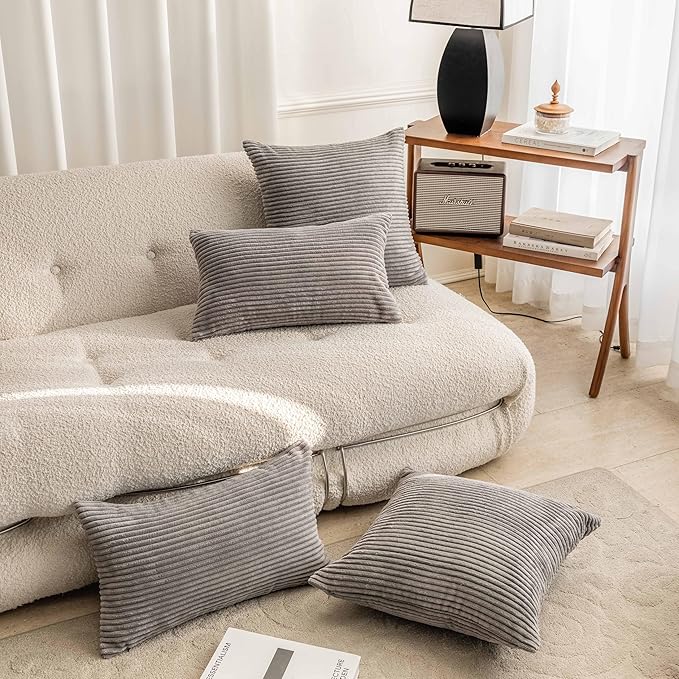 Home Brilliant Grey Pillow Covers 22x22 Soft Corduroy Square Decorative Throw Pillow Covers for Couch Sofa Bed Patio, 22 x 22 inch, Ash Grey