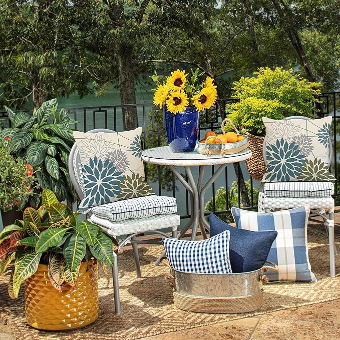 Blue Army Green Outdoor Pillow Covers Set of 2 16X16 Inch Teal Floral Elegant Polyester Flower Pillow Case Outdoor Waterproof Decor for Patio Funiture Garden Linen Cushion Covers 01C16